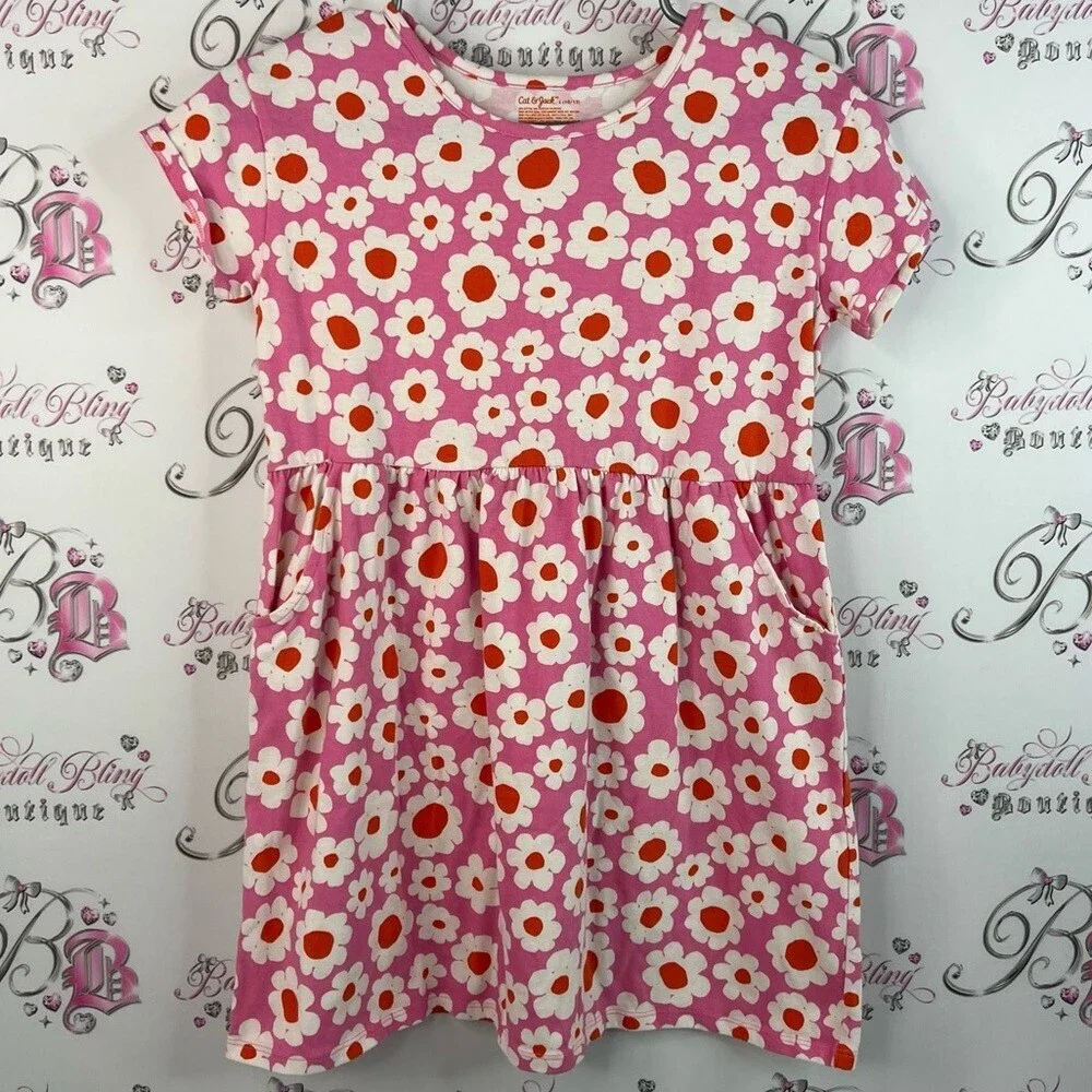Cat & Jack dress ruffle hem pockets daisy Pink and Red Floral Kids Dress